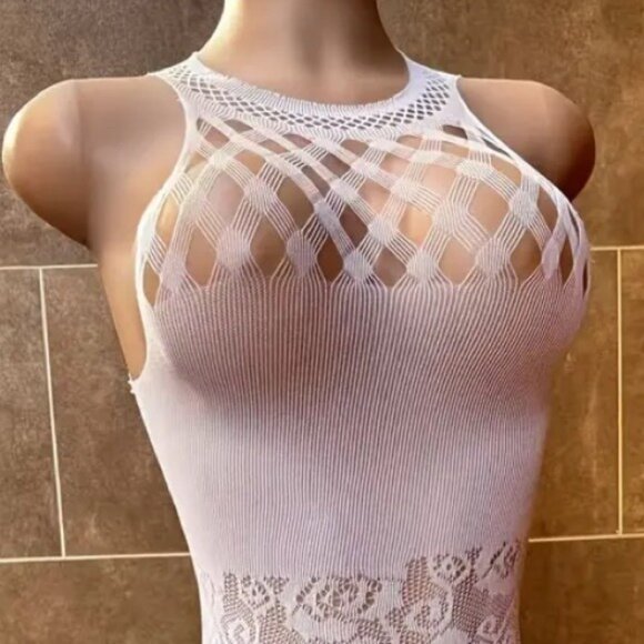 Light Pink Fishnet Crop Bodycon Dress Cover Up - Picture 4 of 5